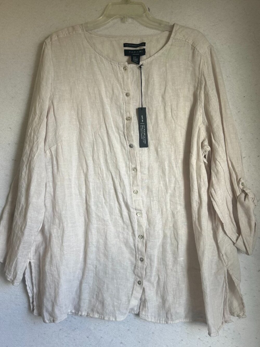 Tahari tunic top sz 2XL Linen Roll-Tab Sleeve Lagenlook Clean Girl Boho beige